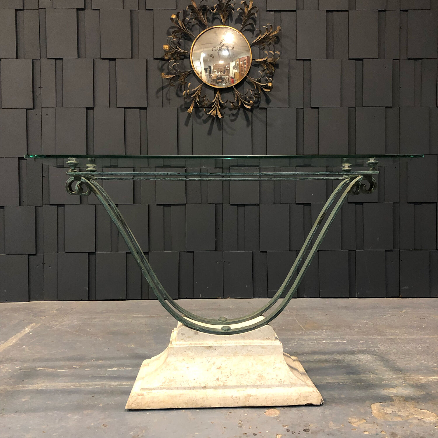 Iron and glass console, antique patina