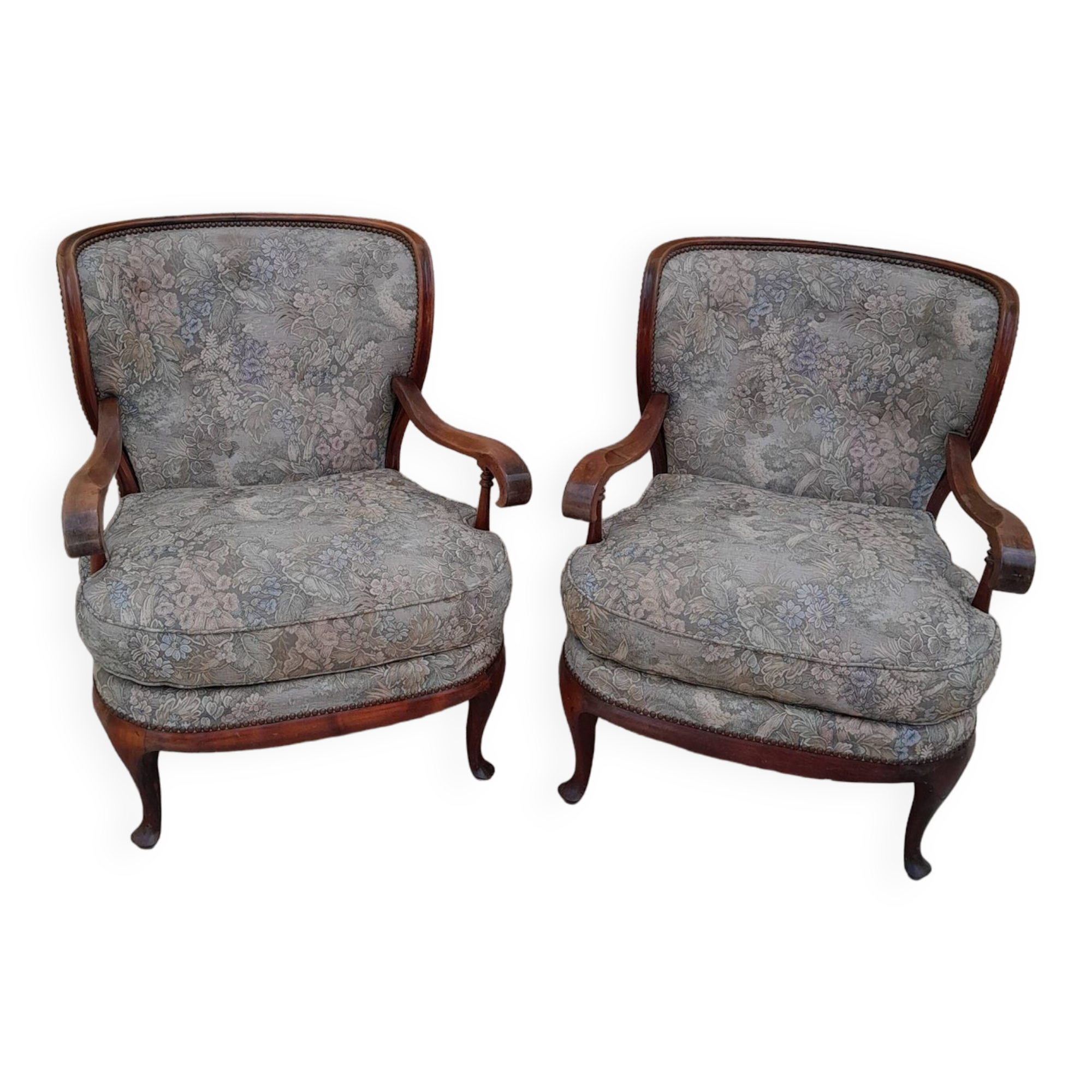 Pair of vintage antique bergère armchairs