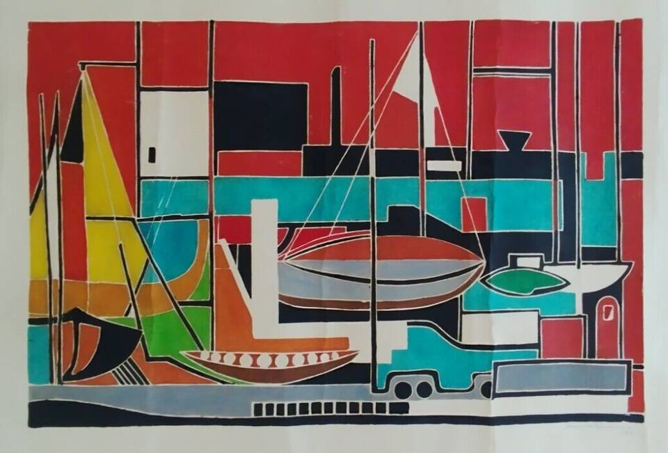 Gouache on paper signed mid-20th century boats port 1959