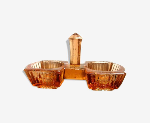 Salière art déco verre ambre foncé 2 salerons à godrons