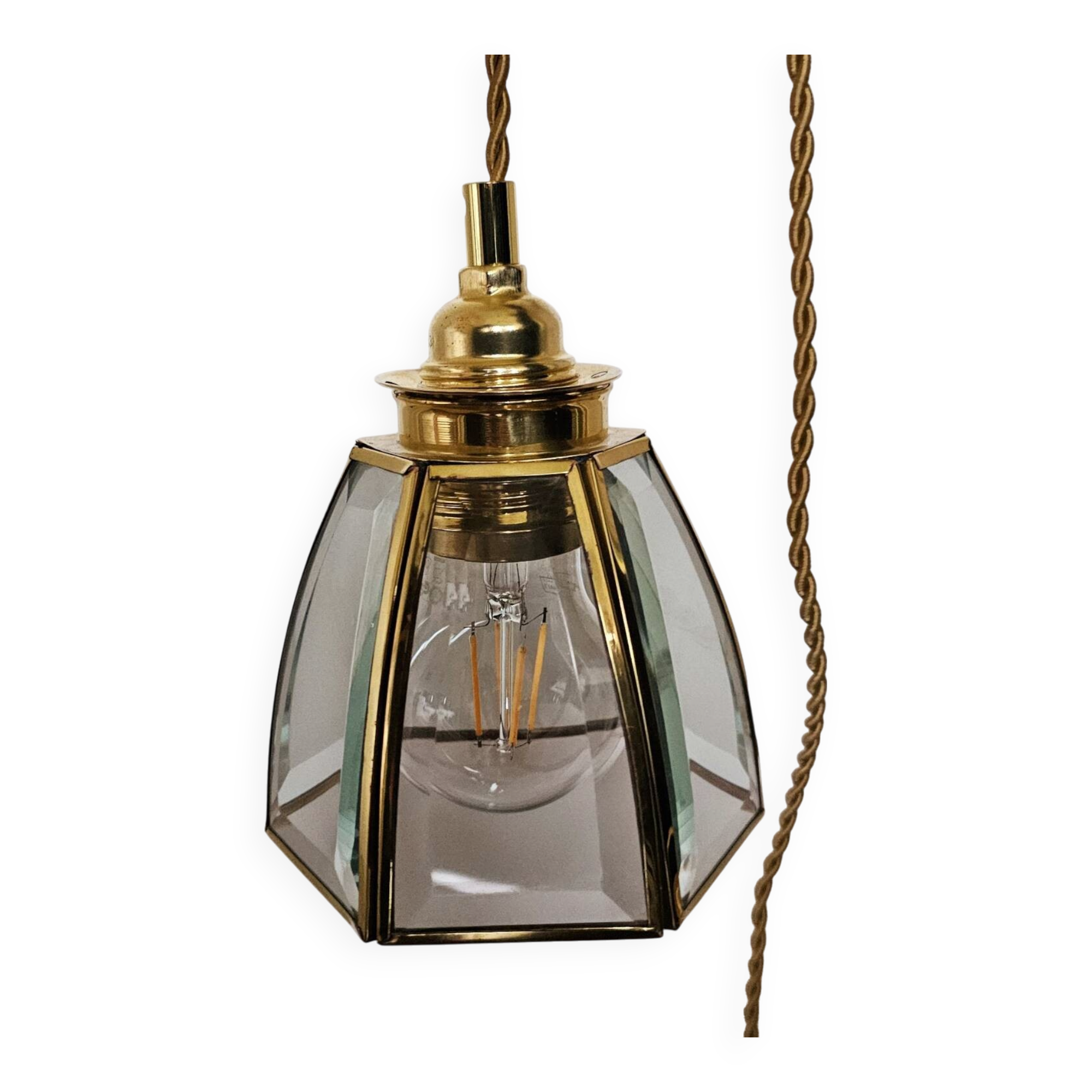 Antique portable lamp with chiseled glass and brass