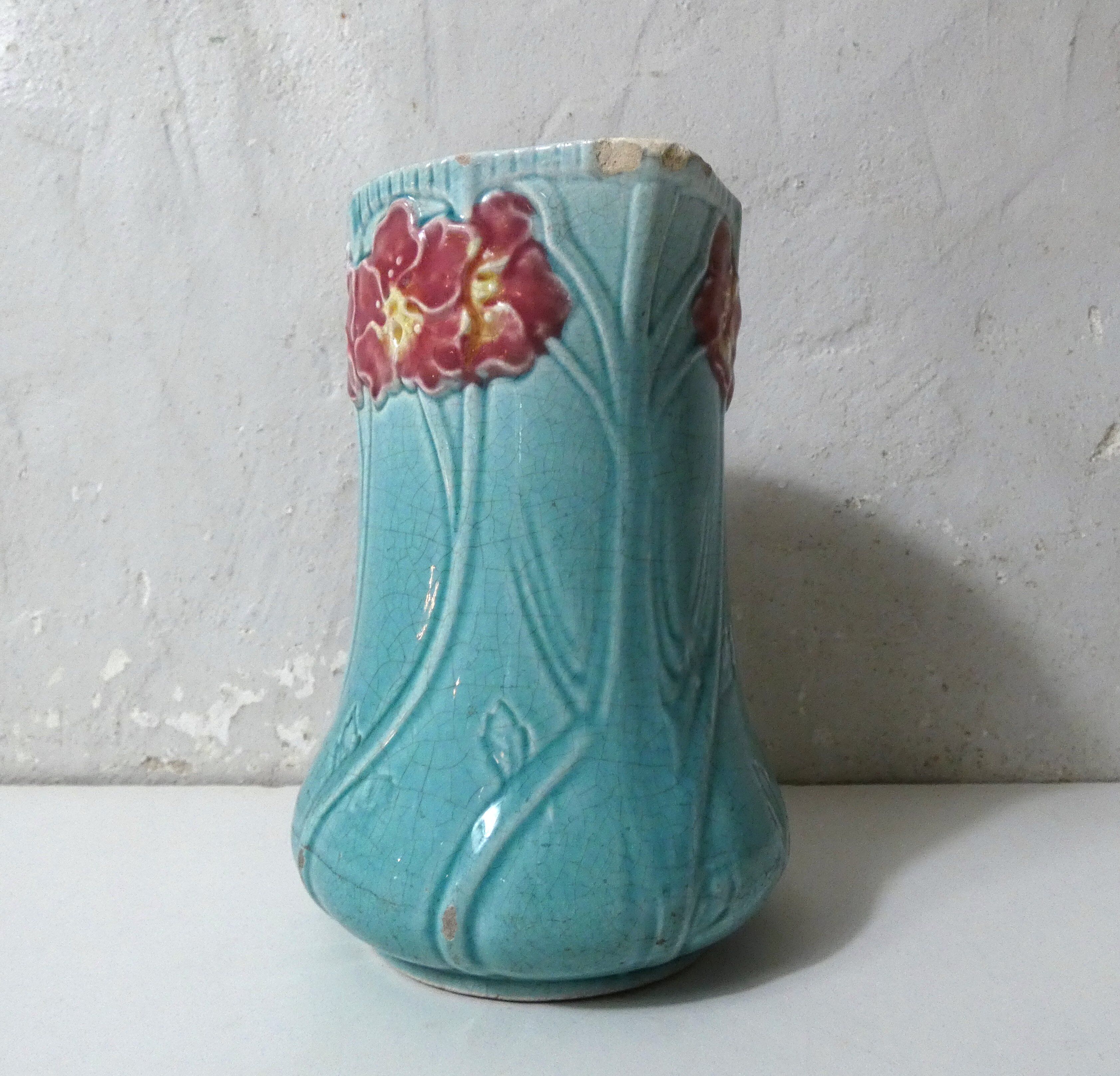 Antique Art Deco turquoise flowered slipware jug vase