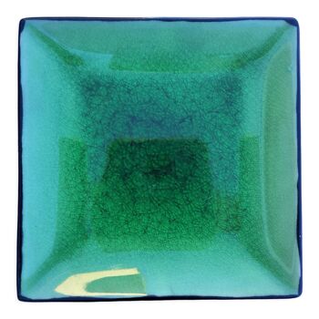 Vintage green glazed ceramic ashtray with a square shape of 13 cm