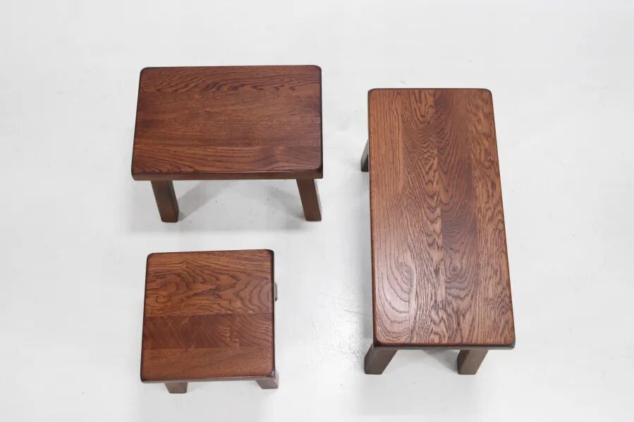 Set of three brutalist oak side tables 1970's