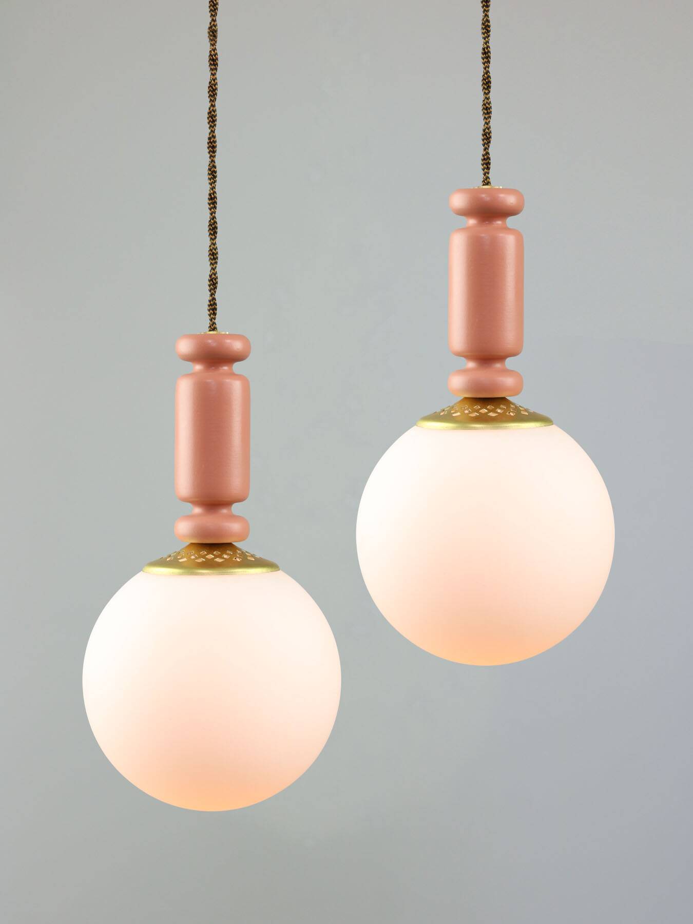 Mid-Century Italian Brass & Opaline Glass Pendant Lamps, Set of 2