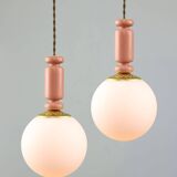 Mid-Century Italian Brass & Opaline Glass Pendant Lamps, Set of 2