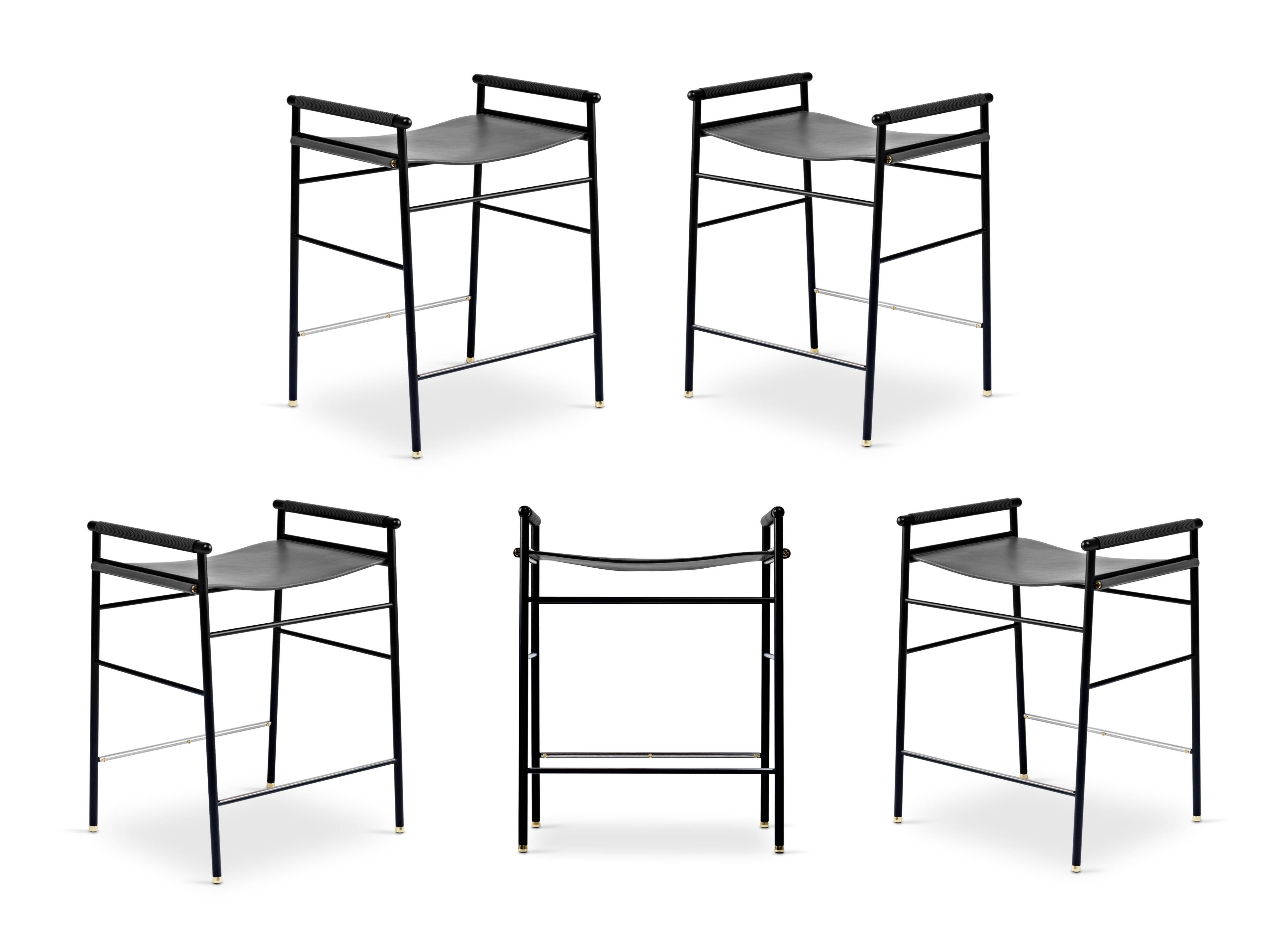 Set of 5 contemporary Artisan bar stools, black leather, black rubber.
