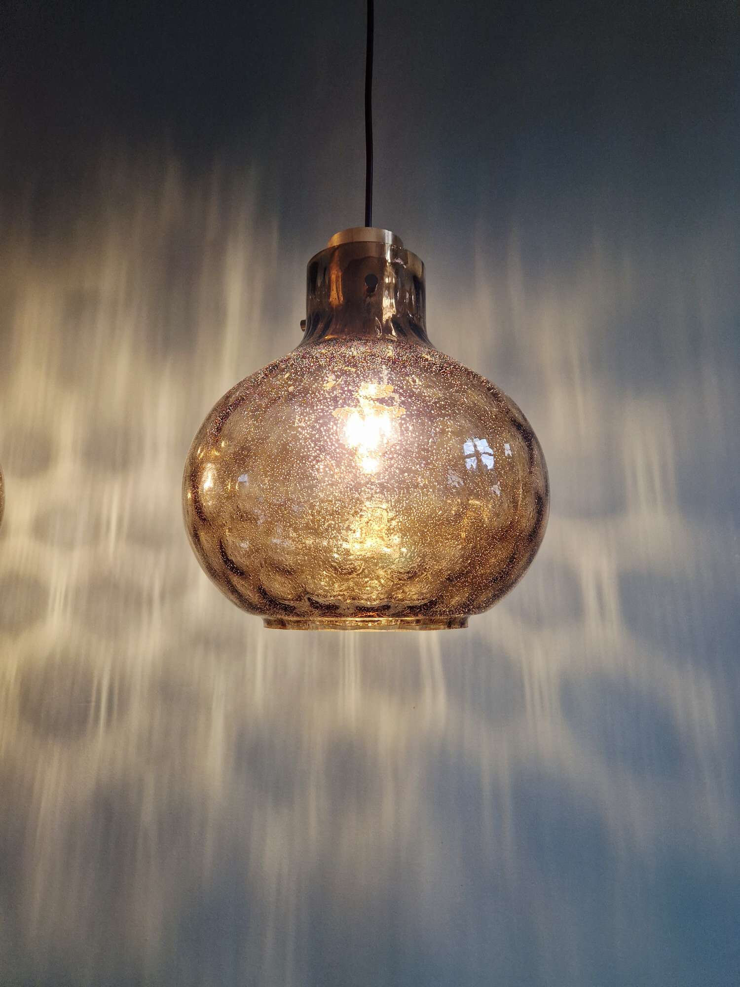 Pair of honeycomb smoked glass pendants, Glasshütte Limburg, 1970