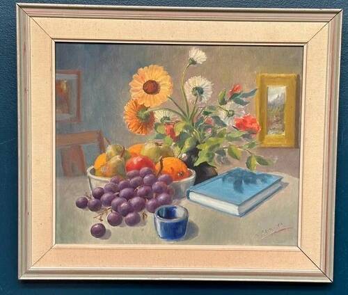 Swedish Oil on Canvas “Still Life” by K. Eliasson, Vintage & Framed 58×50cm