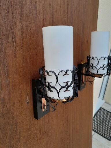 Pair vintage wrought iron wall lamps