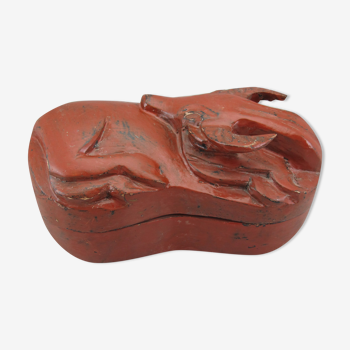 Old Chinese or Japanese box in carved wood red lacquer