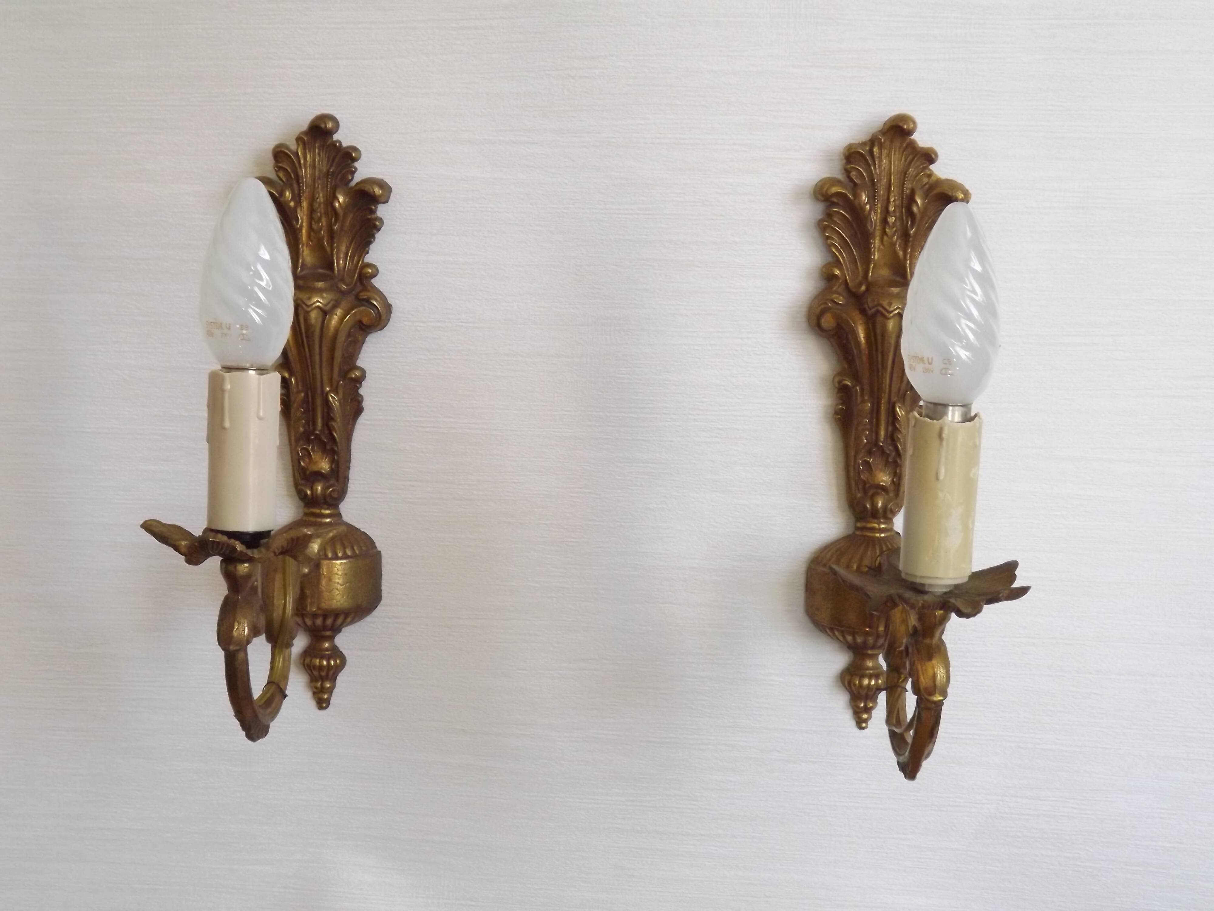 Pair French Gilt Bronze Single Wall Sconces Leaf & Feather Plume Detail