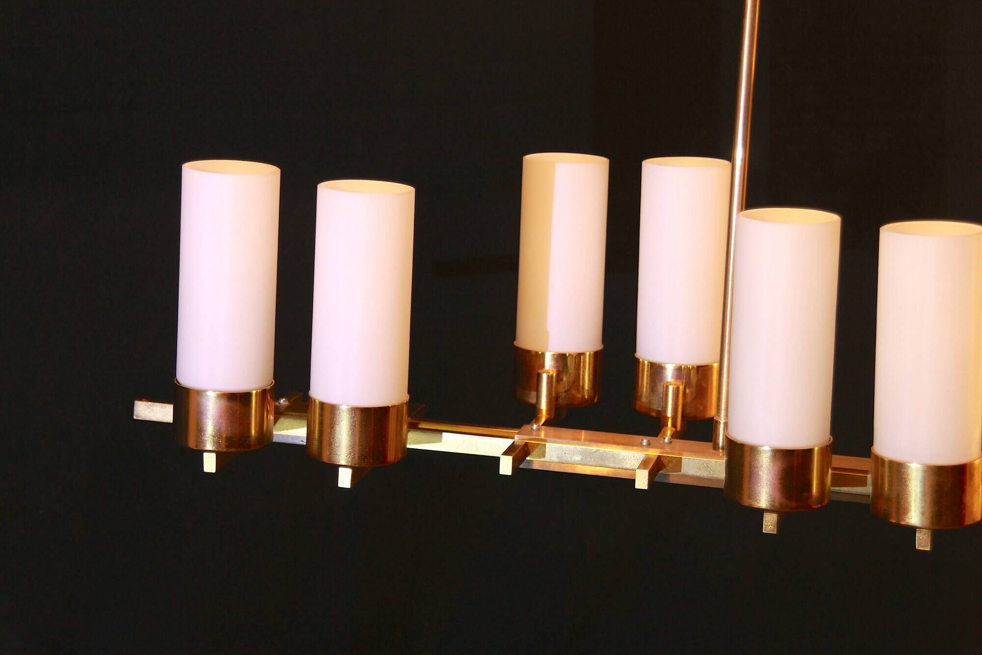 Mid-century, brass chandelier, height opalines, france