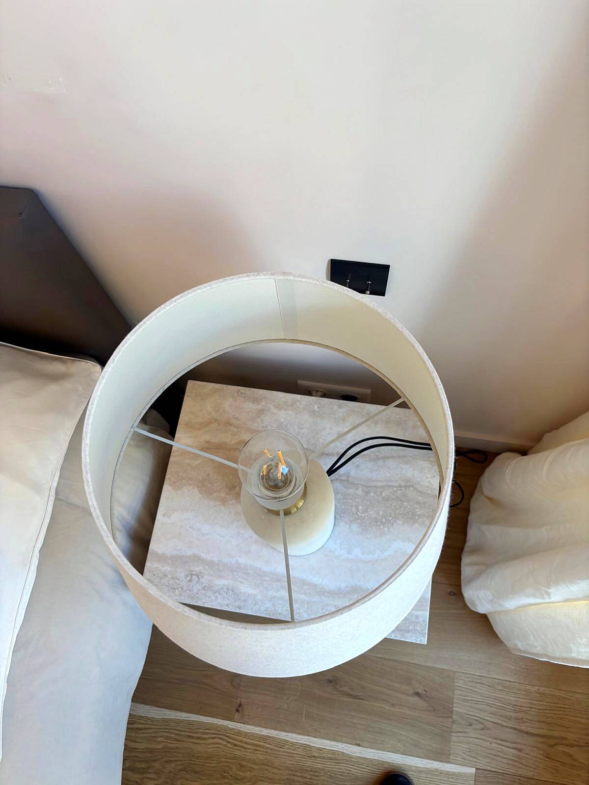 Abelia table lamp, white marble effect base, fabric shade.