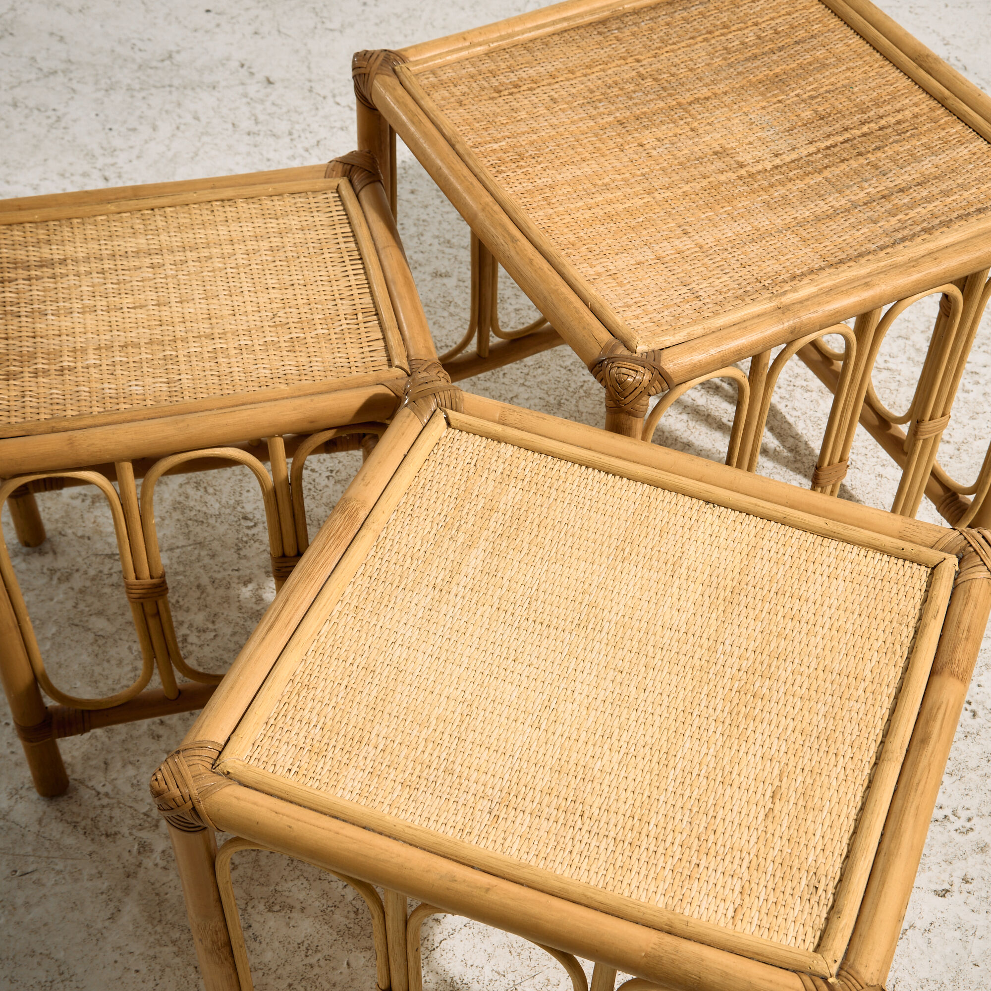 Nest of bamboo and rattan tables, set of 3.