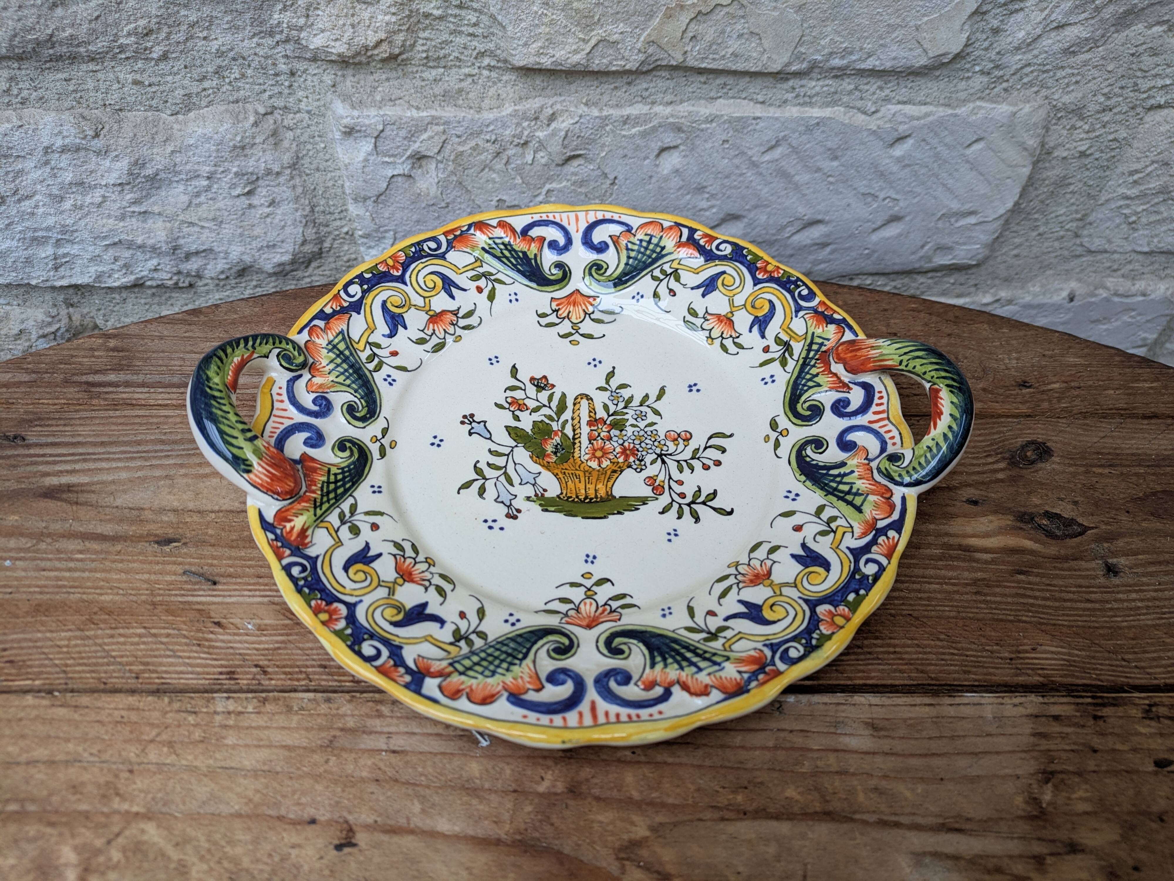 Old decorative plate with handles Old Rouen handmade