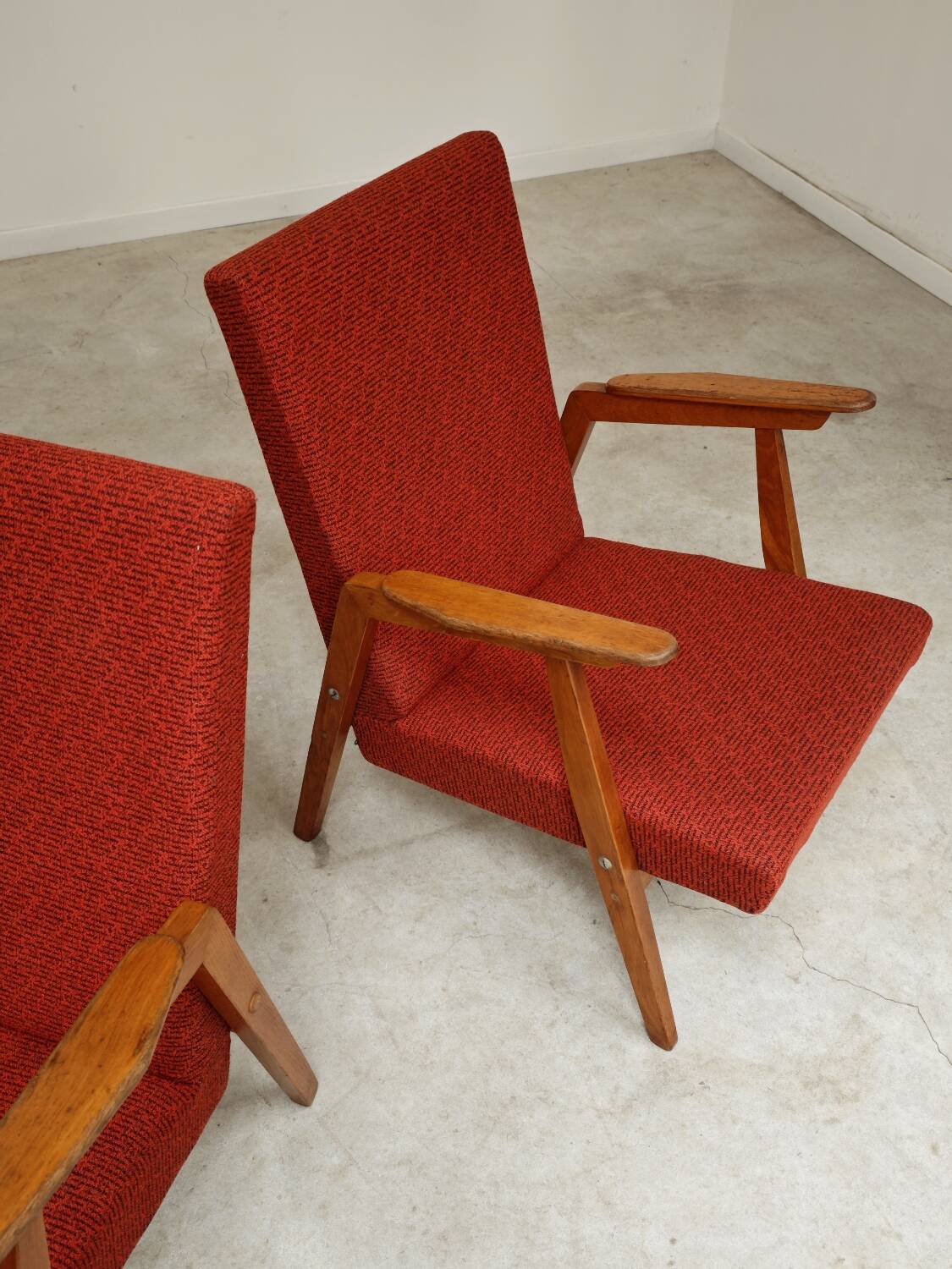 Pair of Uluv red Eastern Bloc armchairs, 1960s
