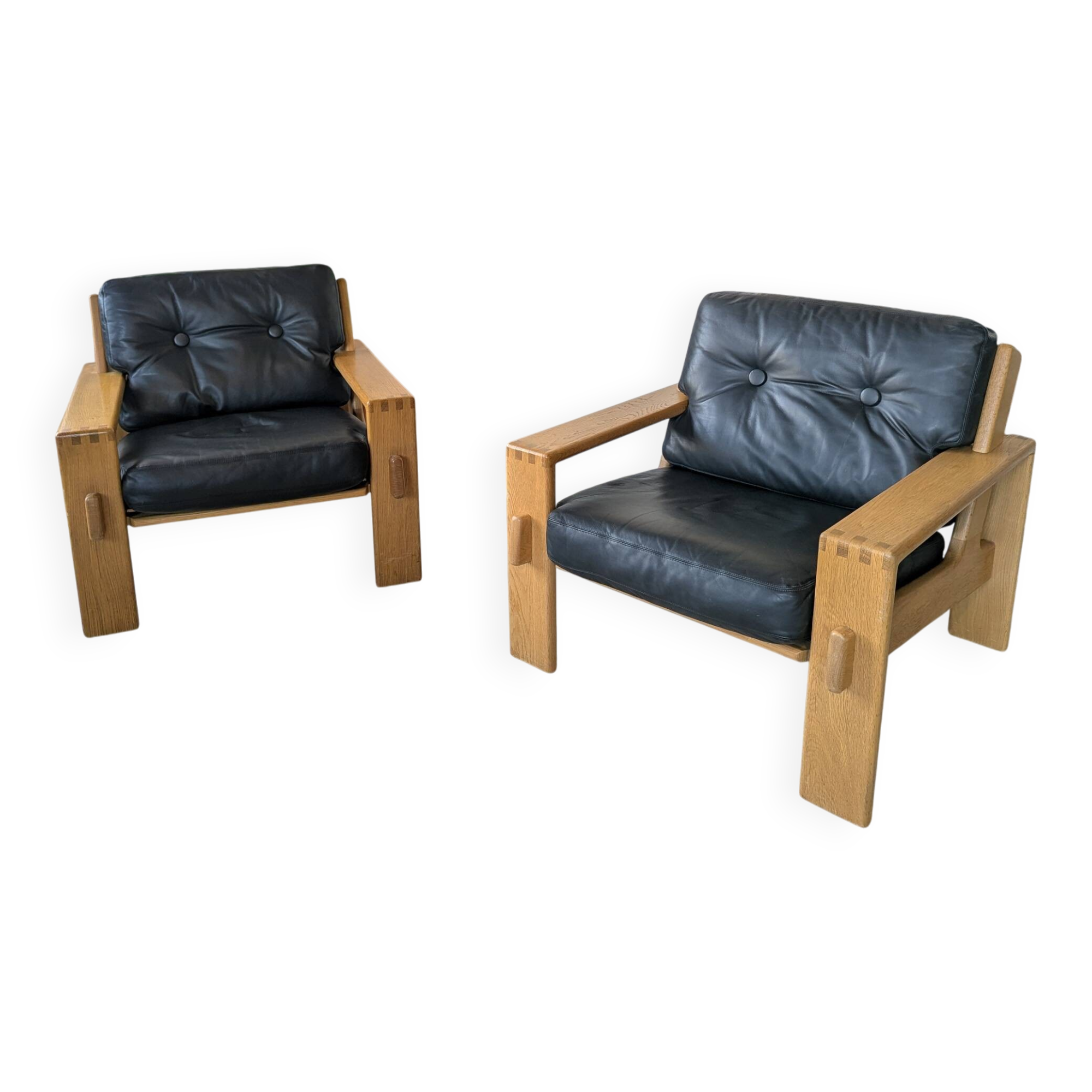 Pair of raw oak and leather armchairs by Esko Pajamies for Asko, Finland.