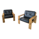 Pair of raw oak and leather armchairs by Esko Pajamies for Asko, Finland.