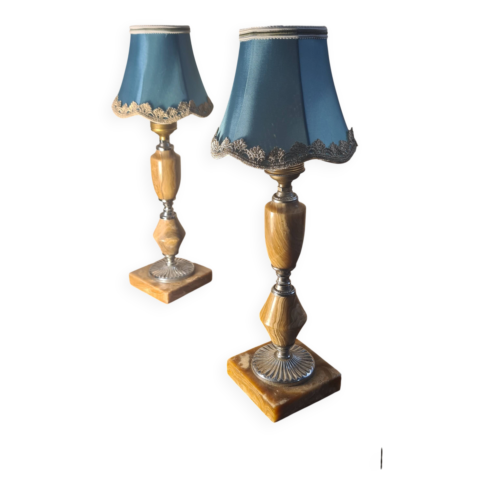 Pair of classic 1970 marble bedside lamps, new lampshades, electrical in working order, 39x14.