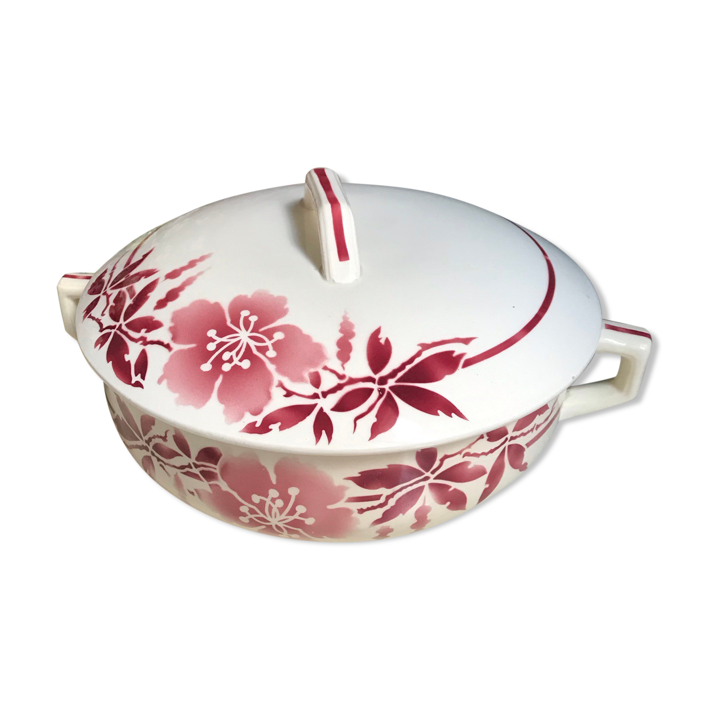 Vintage earthenware soup kitchen - 50s - model F.P Anna - decoration red flowers