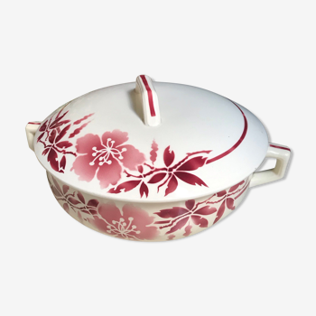 Soupière en faïence vintage années 50 modèle F.P Anna - décor fleurs rouges