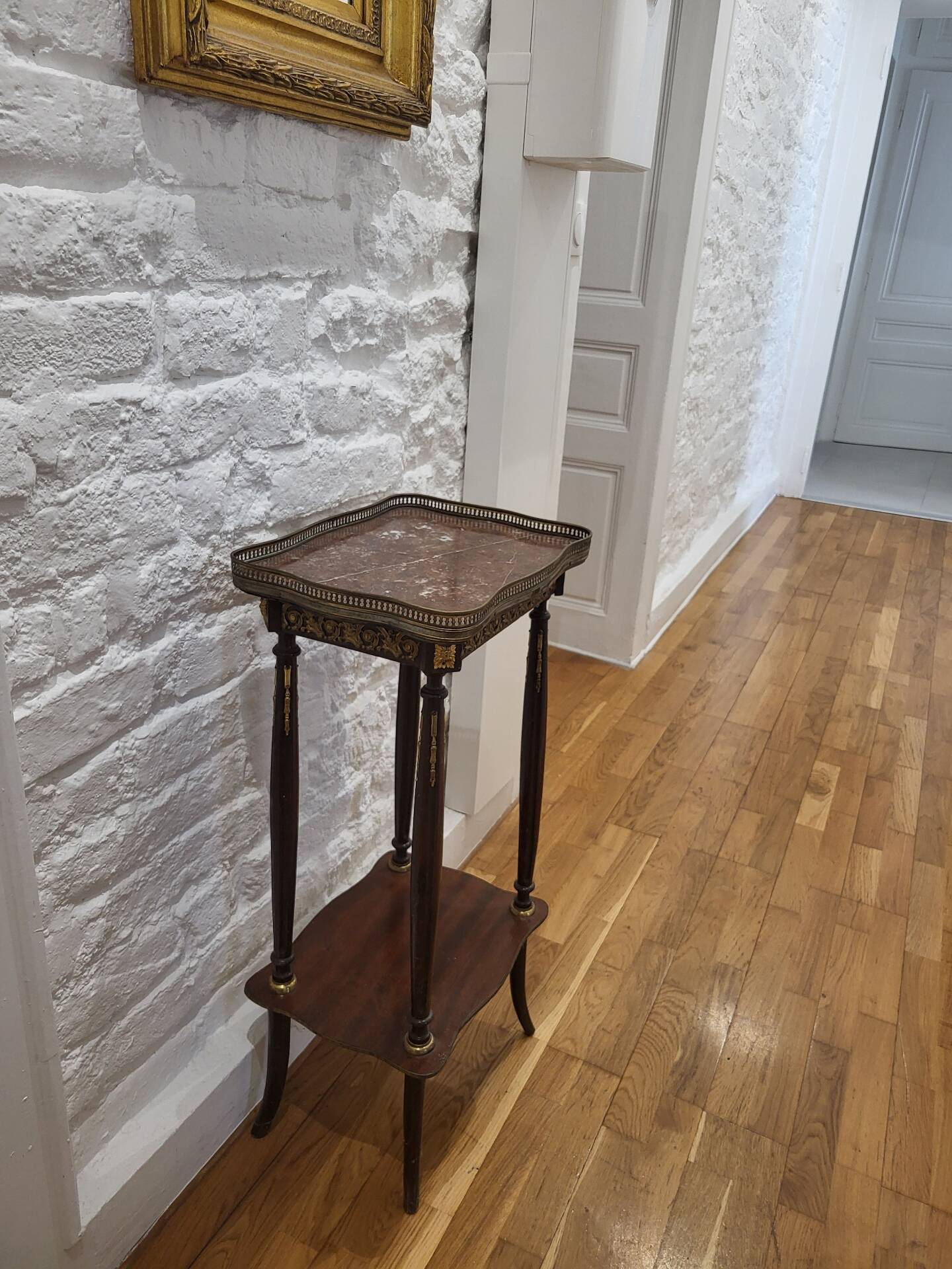 Mahogany side table with marble and bronze in Louis XV style.