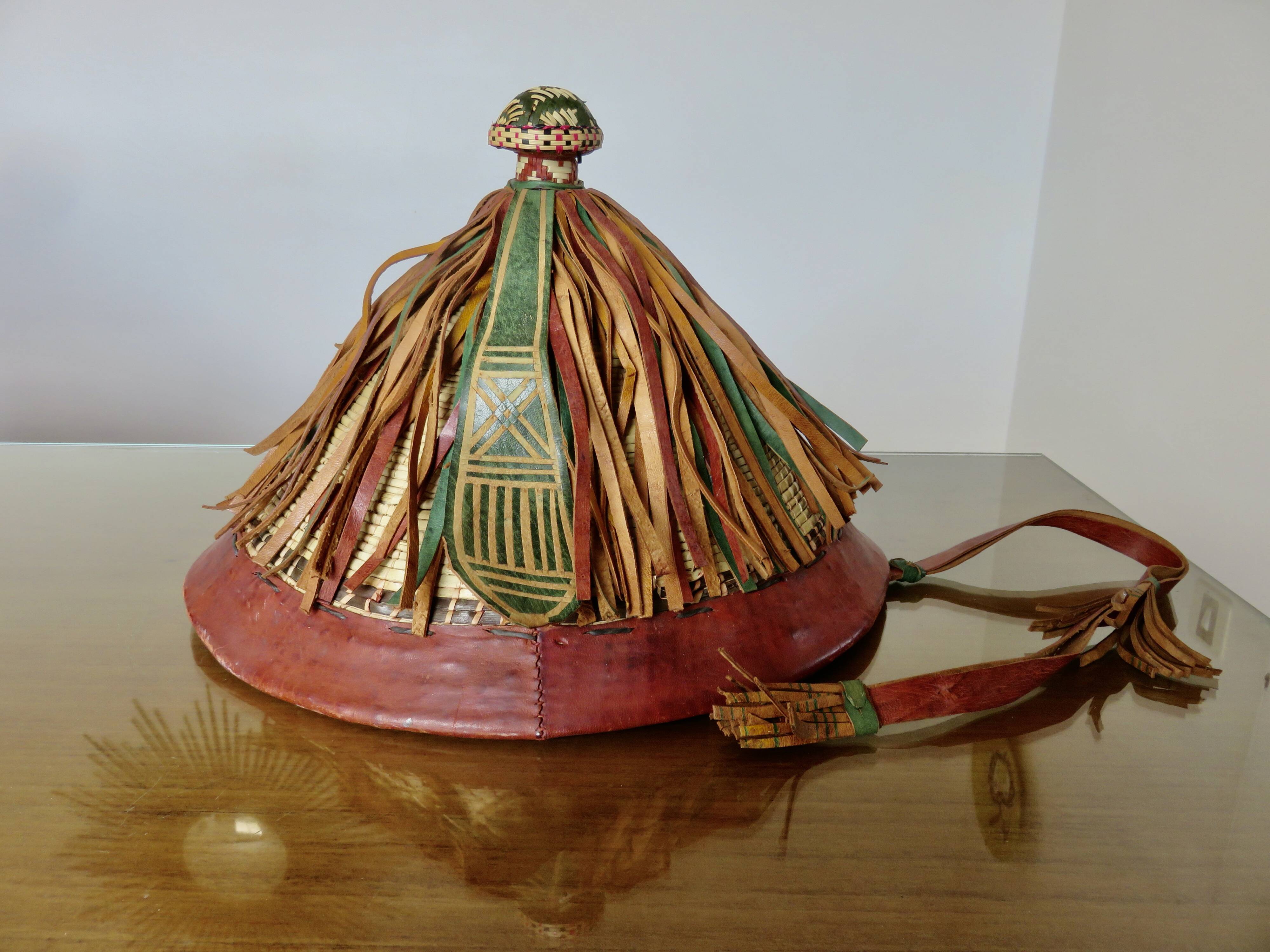 African conical hat, Fulani, in leather and braided rope, 1900s