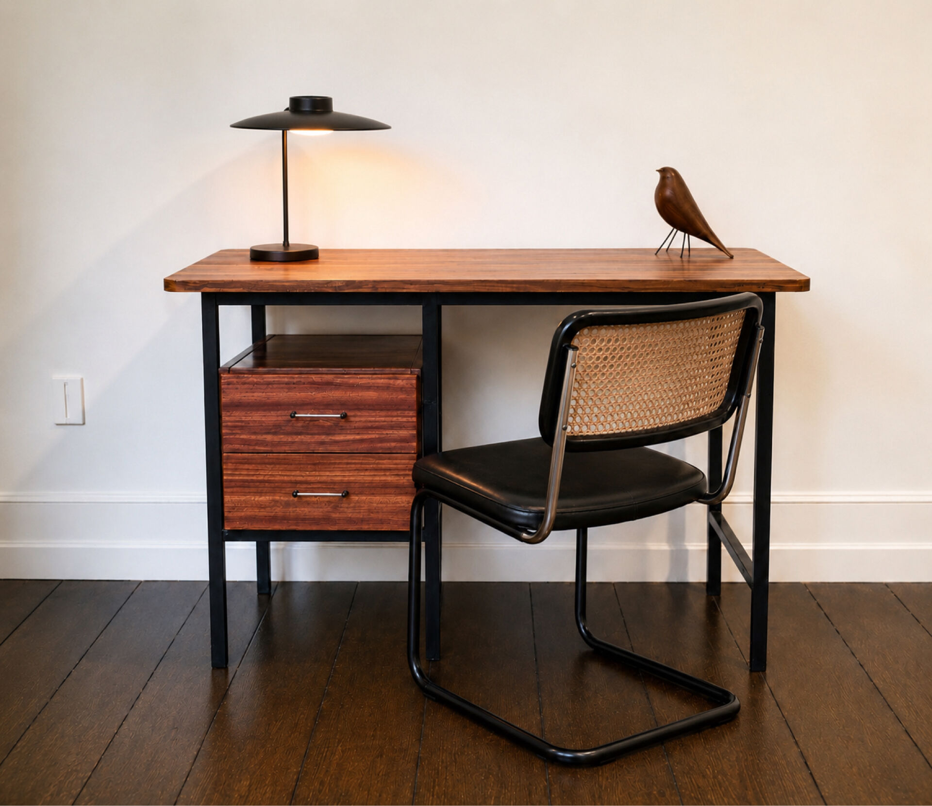 Modernist desk from the 50s-60s in wood and metal, reversible drawer unit.