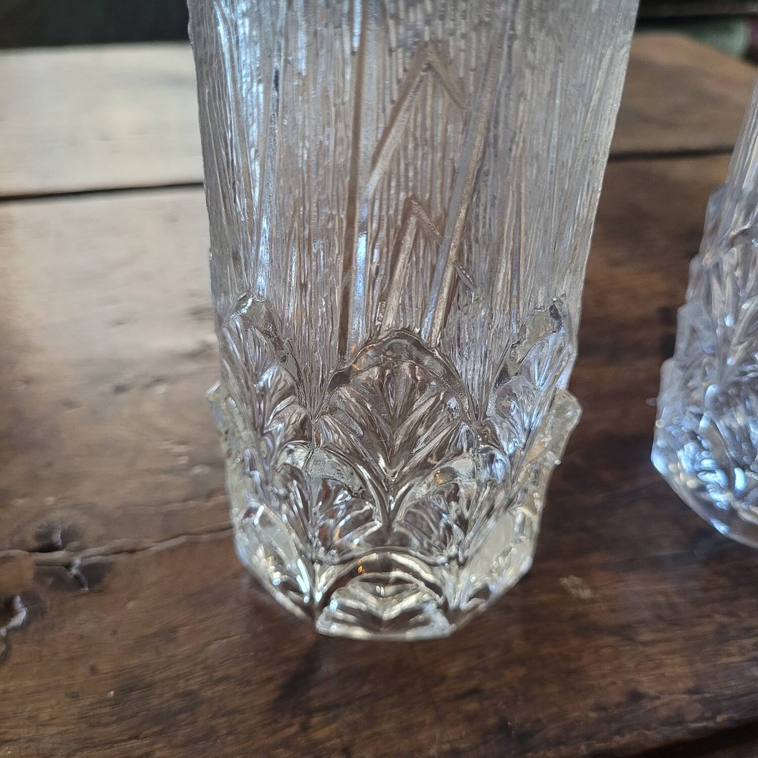Pair of thick pressed glass art deco vases