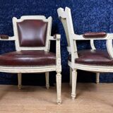 Pair of Louis XVI cabriolet armchairs in lacquered wood and leather circa 1850
