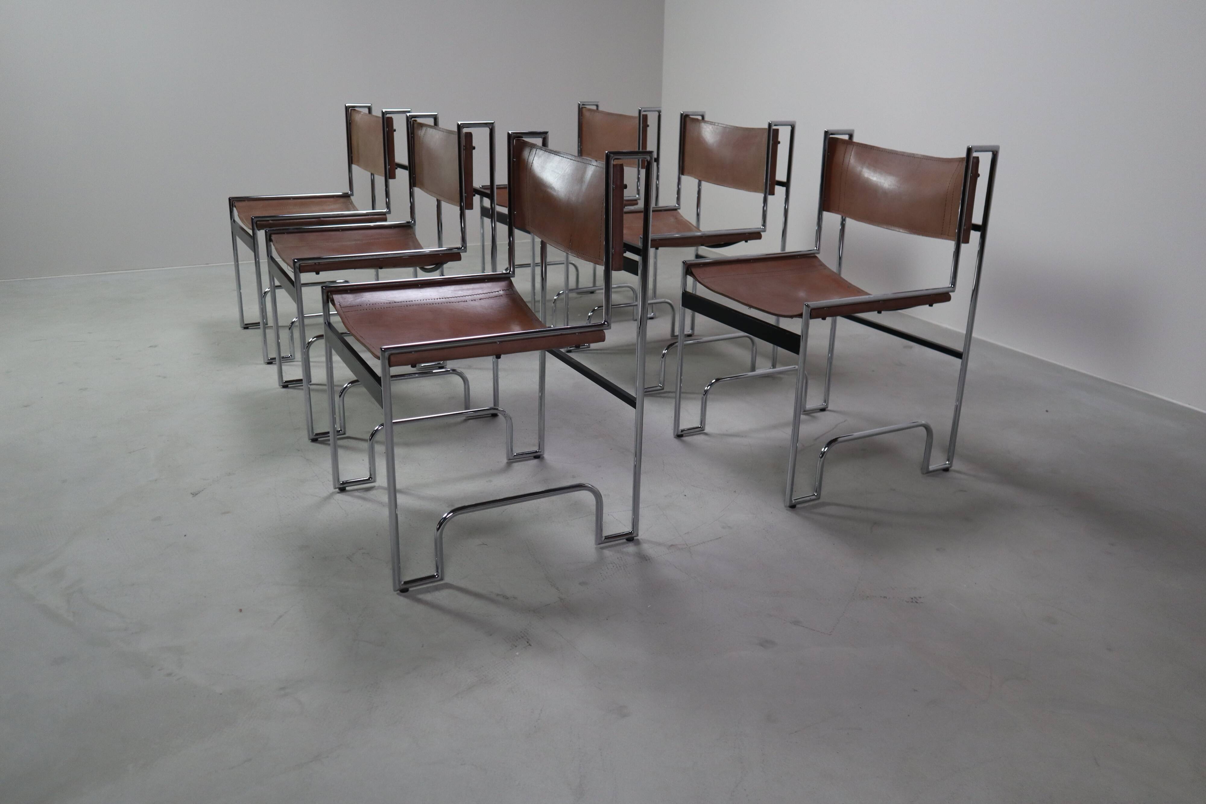 Set of 6 modernist chrome and leather dining chairs, 1970's