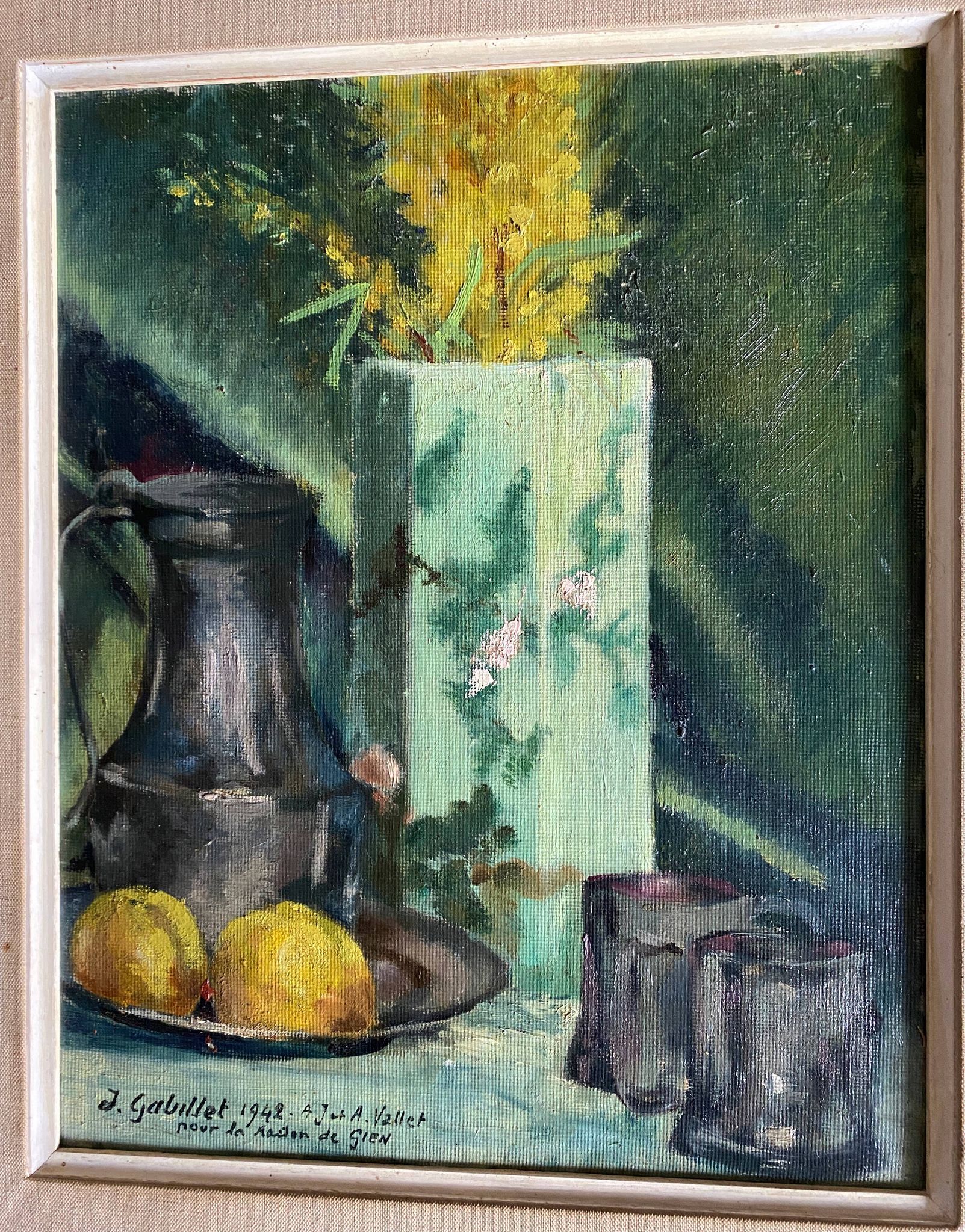 HSP painting "Bouquet of forsythia with lemons" signed A. Gabillet 1942