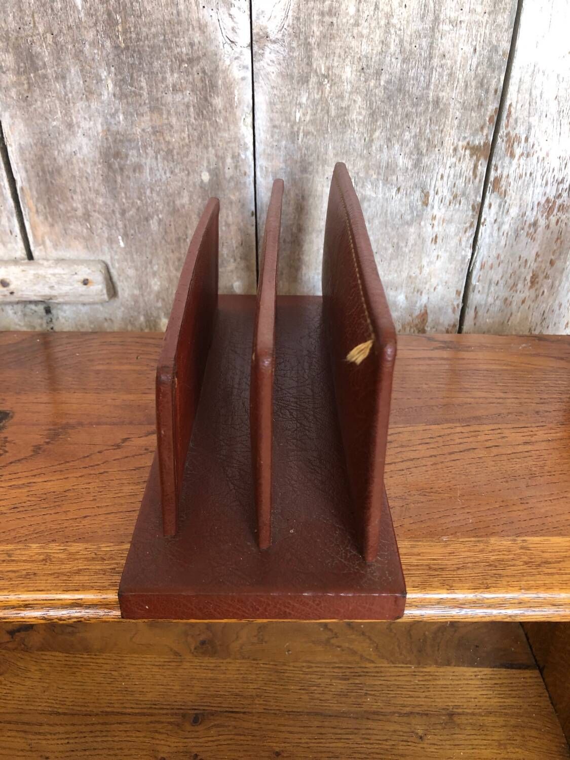 Old brown leather letter mail holder vintage office storage