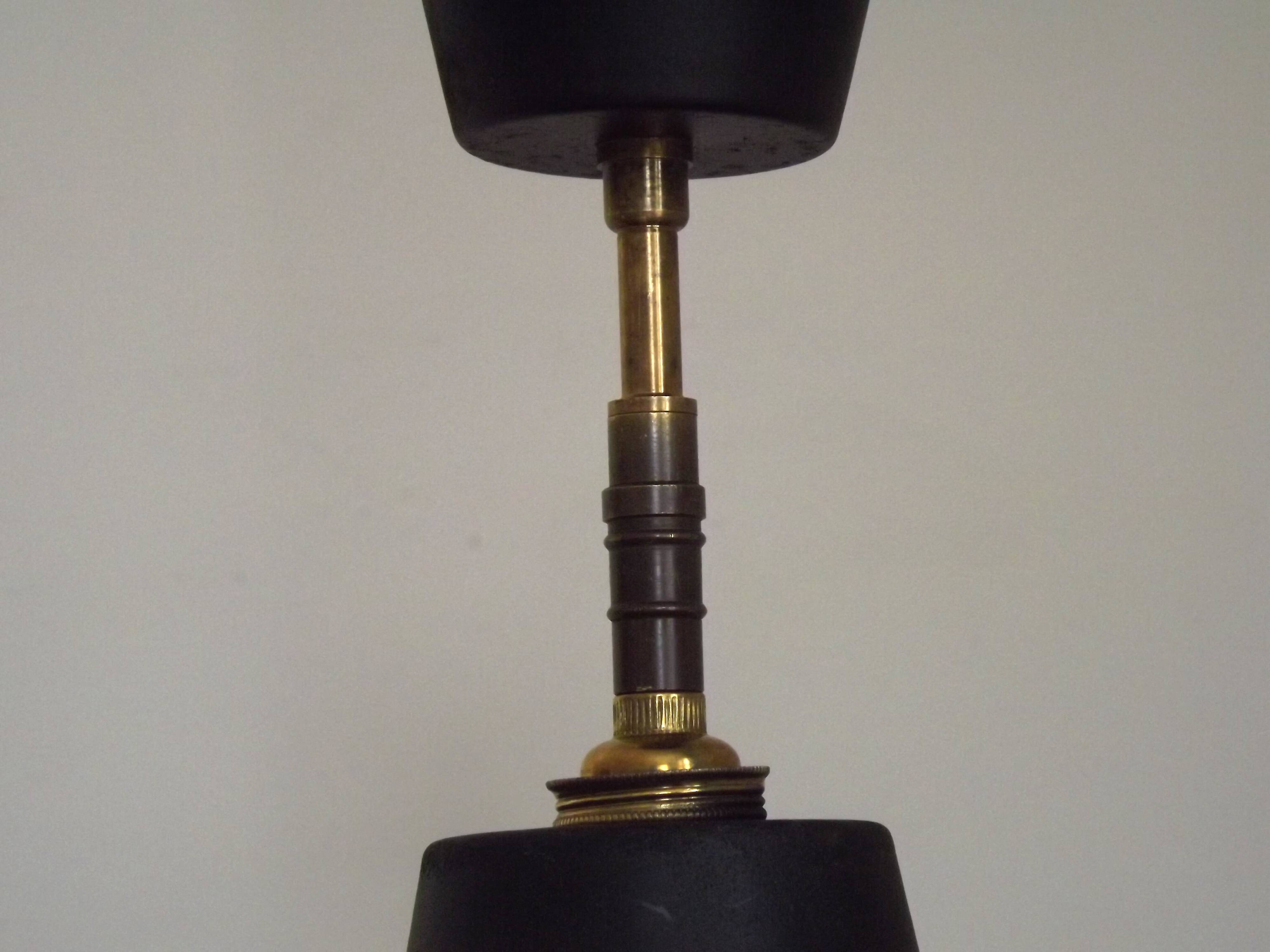 French Vintage 1950s Industrial Light In Black Metal White Enamal & Brass