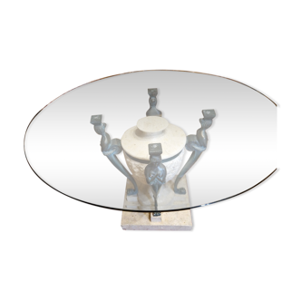 Stone and bronze dining table with ribbed glass top