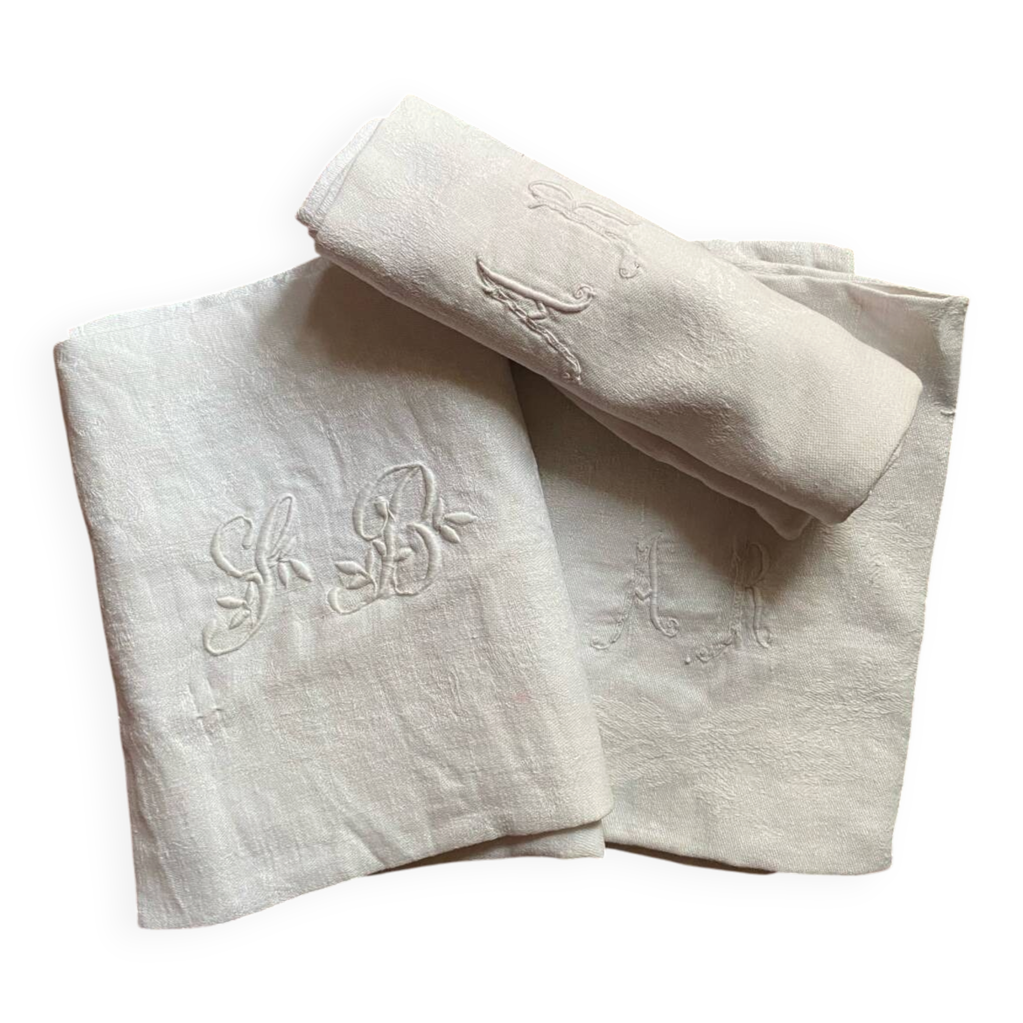 3 old damask white cotton tea towels with a monogram.
