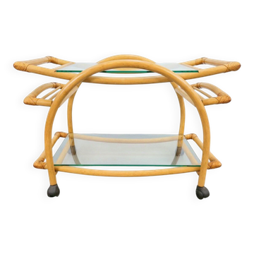 Chariot vintage en rotin, bois cintré et cuir, Italie, années 1970