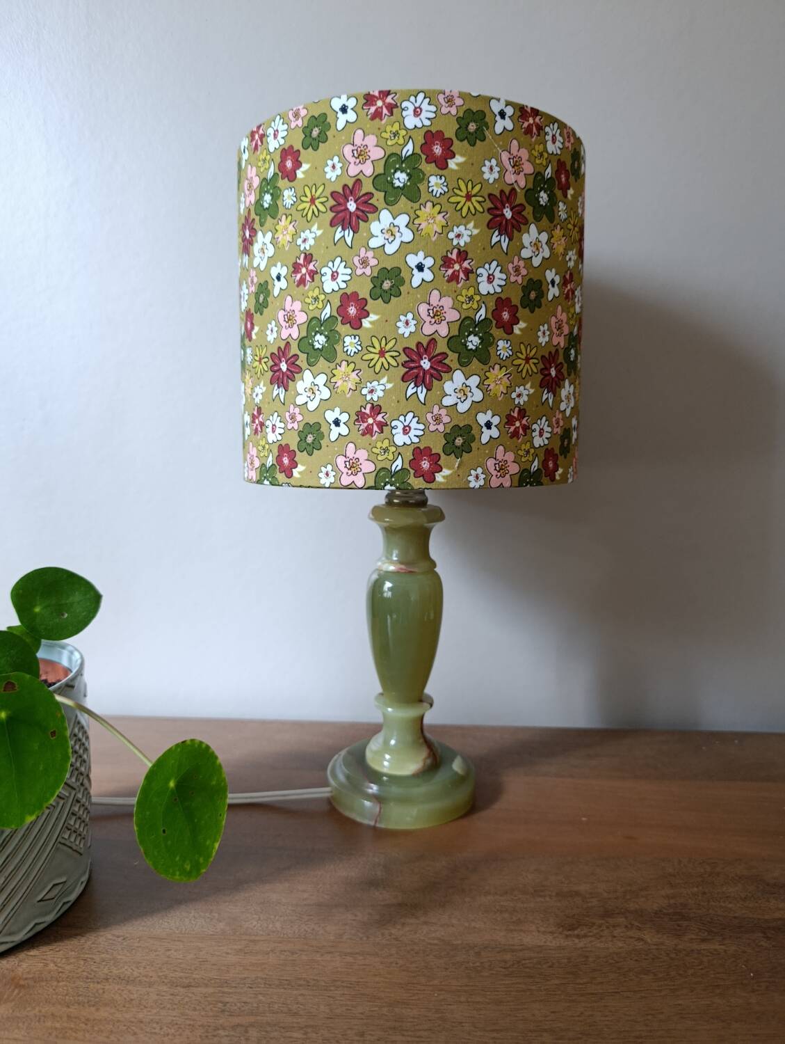 Vintage retro lamp with green marble base, floral shade.