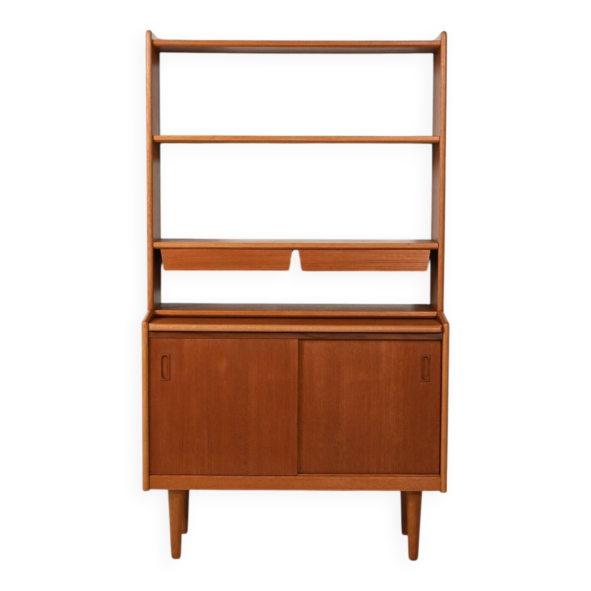 Scandinavian teak bookcase with suspended drawers