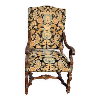 Louis XIV style armchair in walnut in canvas canvas