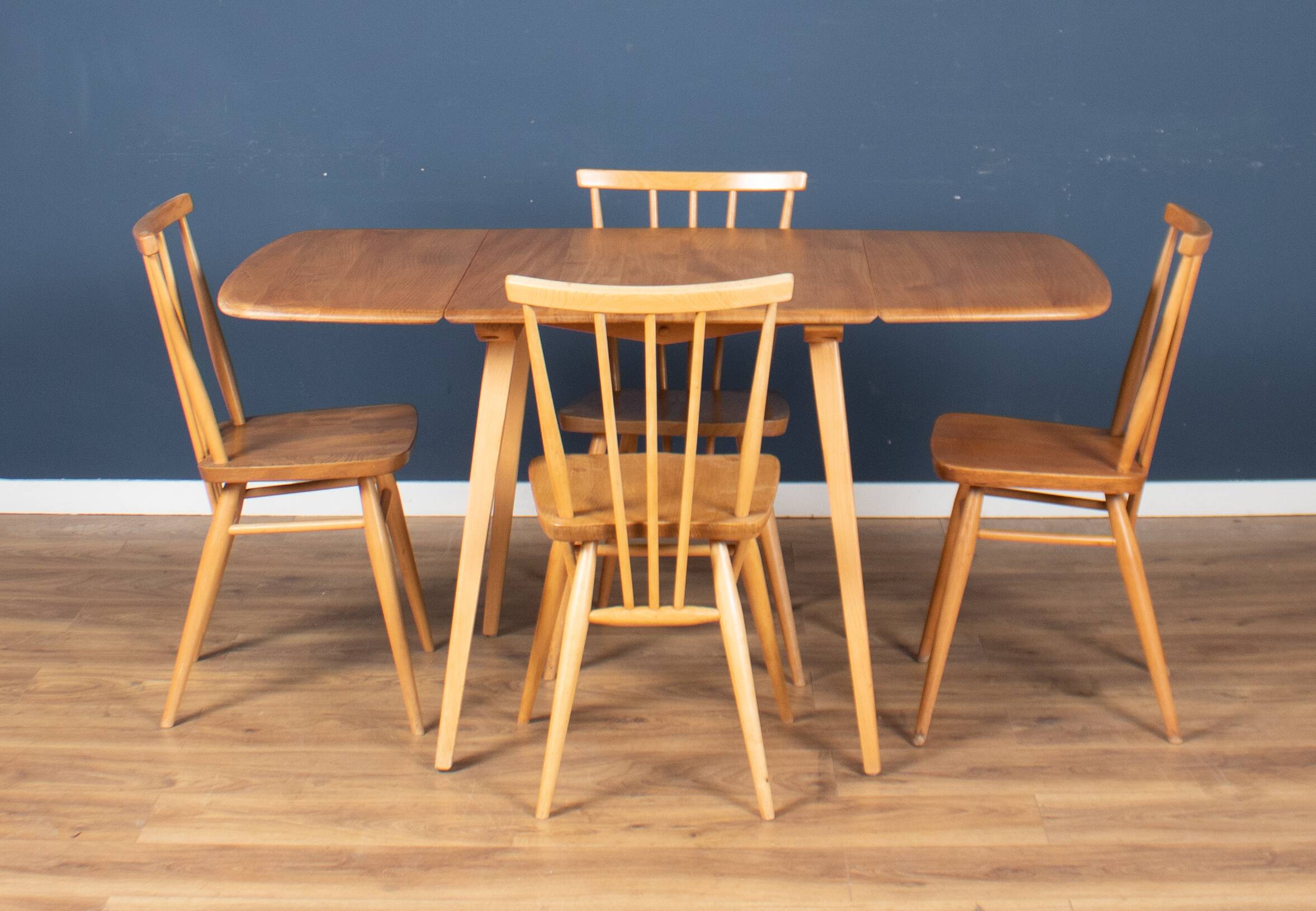 Retro Blonde Ercol Model 383 Dining Table & Four Stick Back Kitchen Dining Chairs