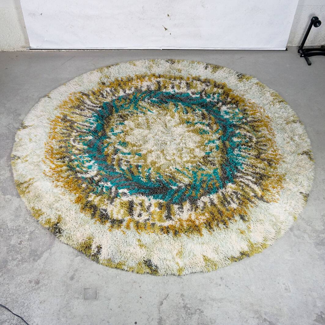Rya rug made of wool in beige, brown and turquoise
