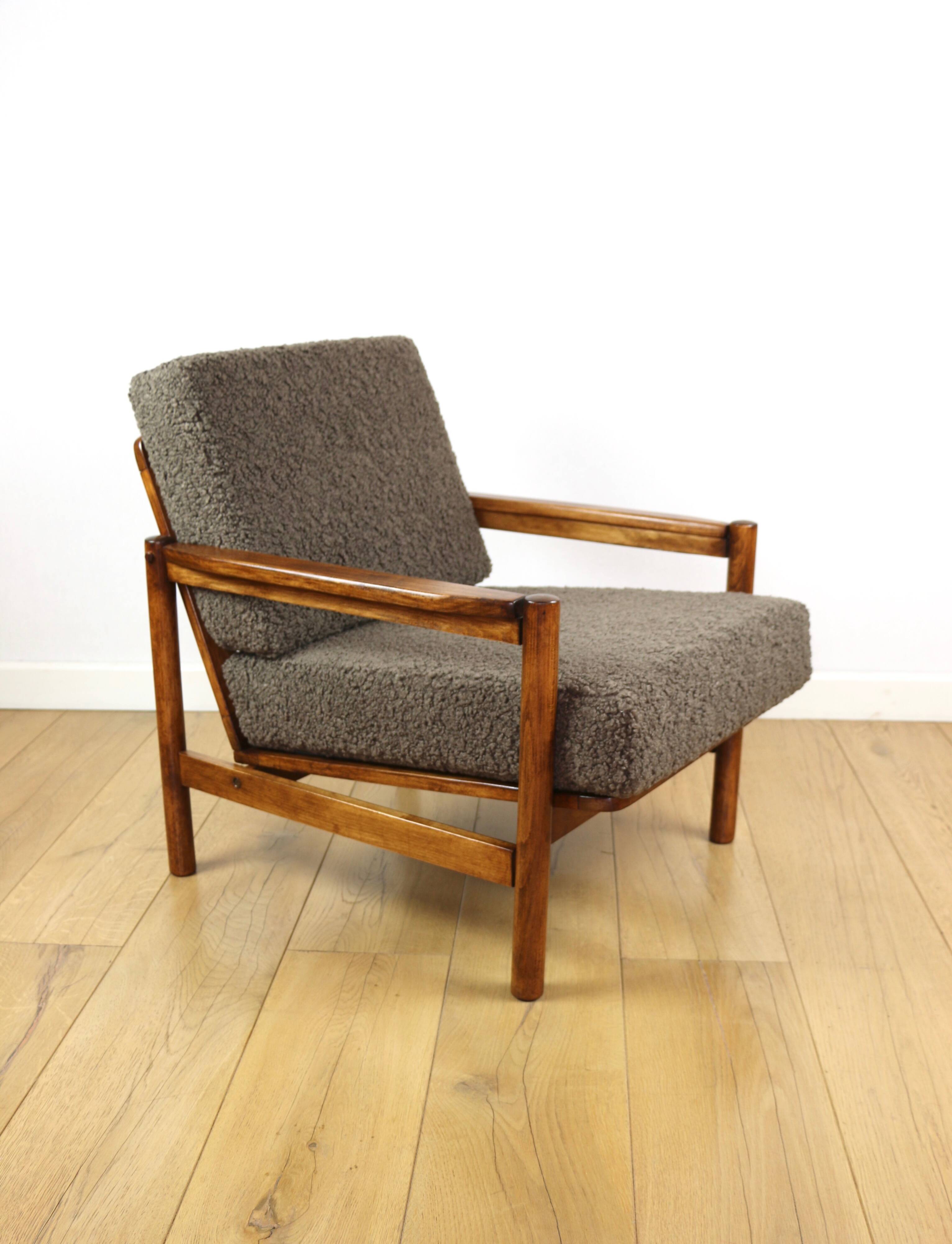 Wooden armchair designed by Z. Baczyk brown vintage chocolate brown boucle lamb