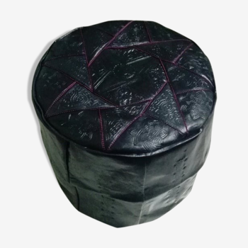 Pouf noir, pouf marocain en vrai cuir, ottoman, repose pied en cuir