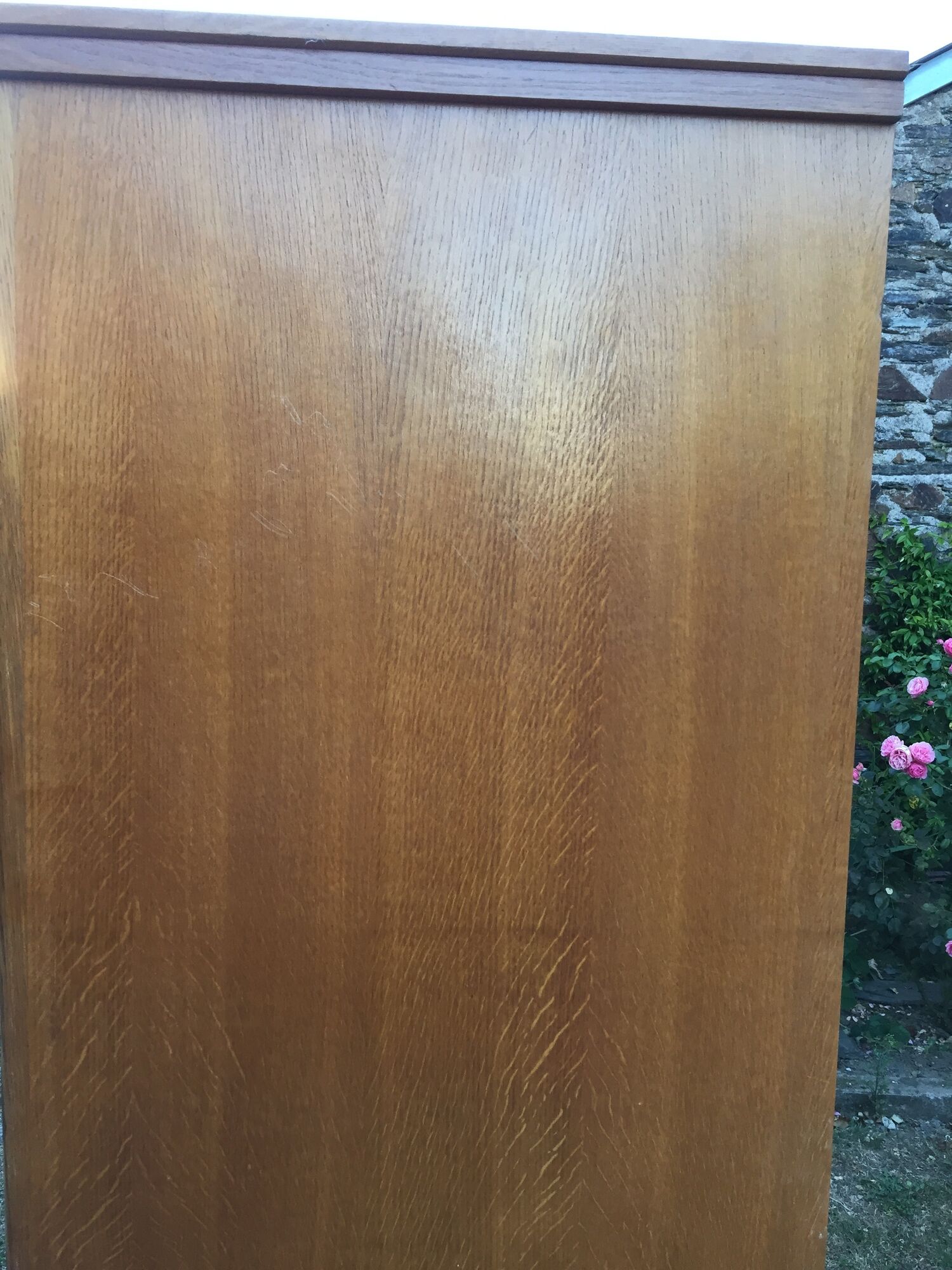 Vintage wardrobe with compass feet in oak and oak cp with 2 sliding doors.