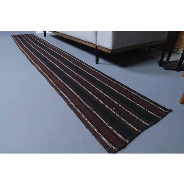 Vintage Turkish Hand-Knotted Wool Cotton Red Kilim Runner Rug 46x321