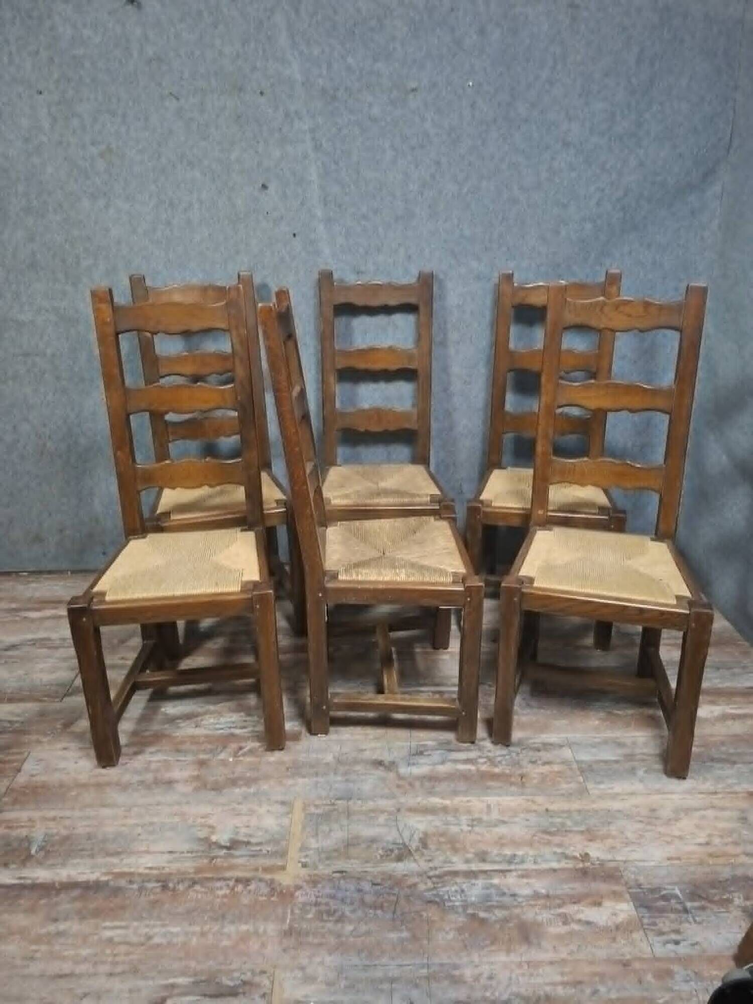 Set of six rustic chairs in natural wood, regional French craftsmanship.