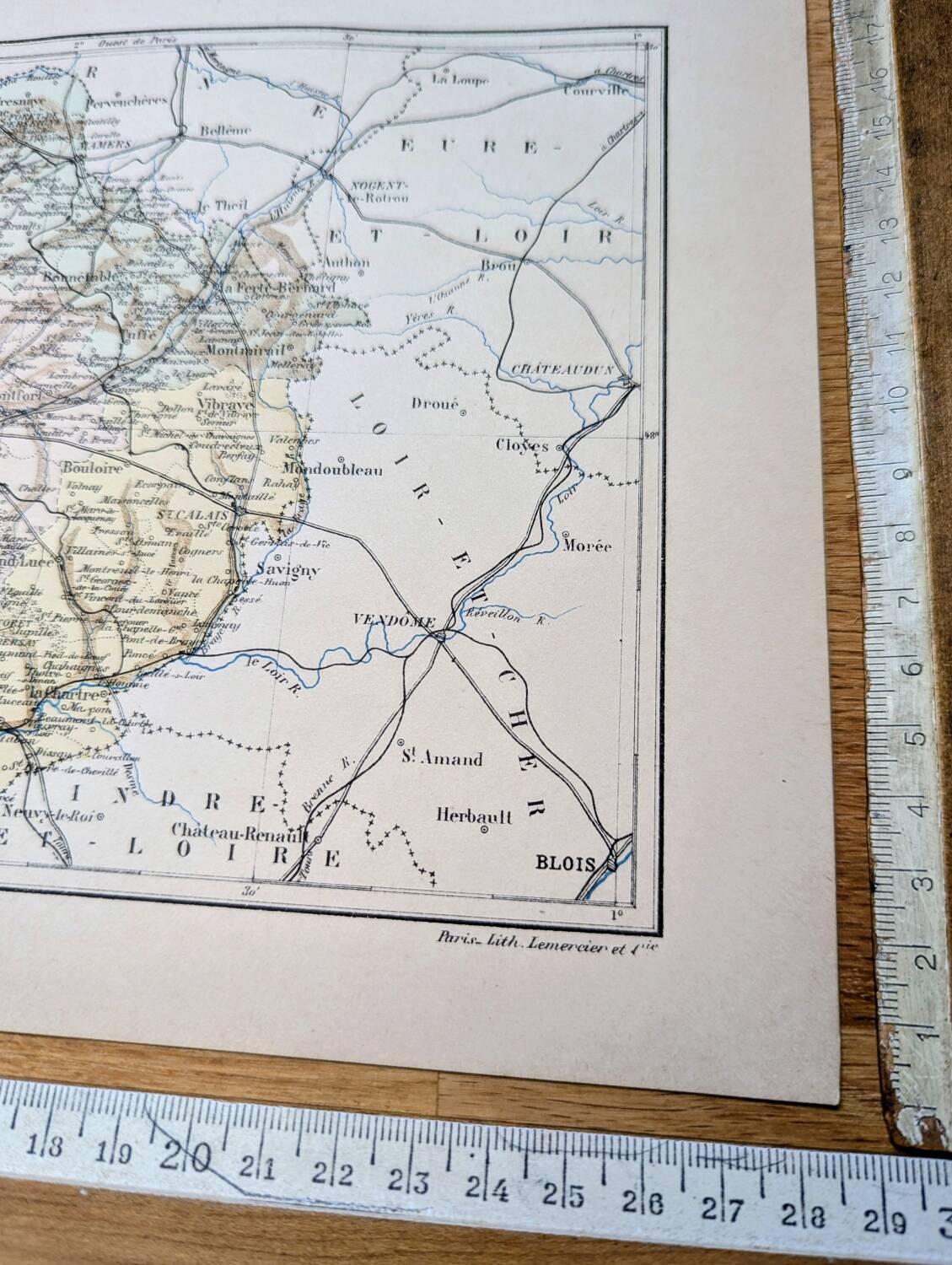 Printed in 1889, map of Sarthe. Authentic Vintage