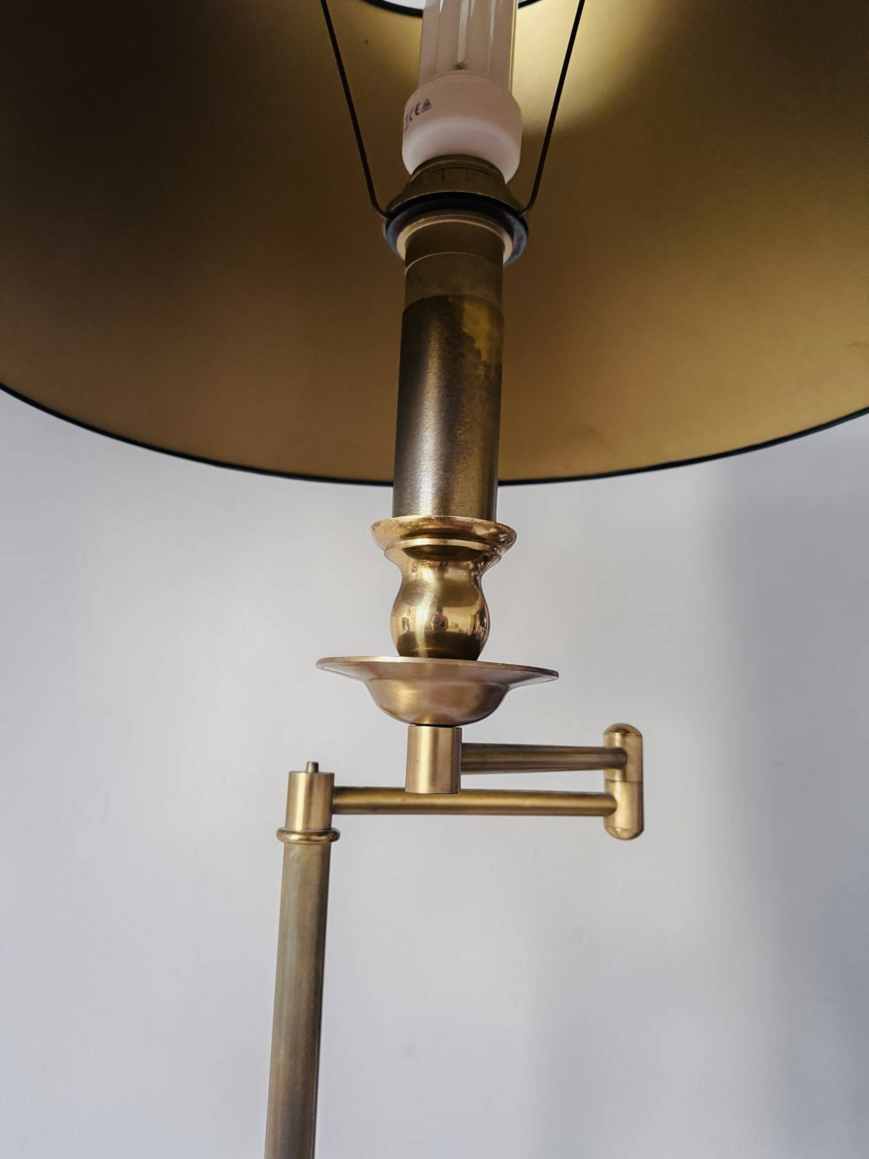 Brass reading floor lamp, adjustable arm, vintage anthracite shade.